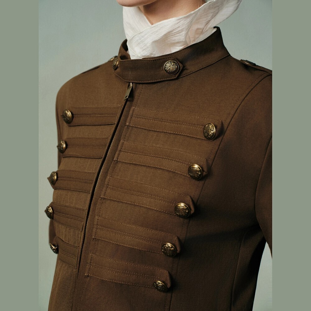 Brown Military Style Stand Collar Faux Button Trim Short Blazer Jacket
